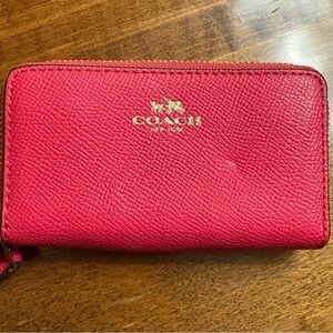 Coach Vibrant Red Textured Double Zip Smaller Wallet